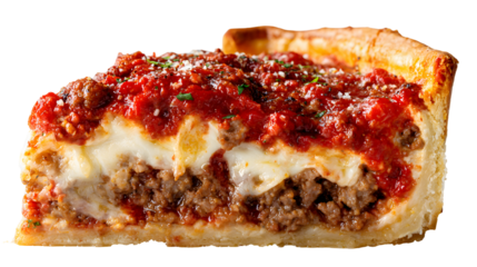 A slice of Chicago deep-dish pizza showcasing its hearty layers of sausage, melted mozzarella, and chunky tomato sauce. Perfect for a detailed menu photo.