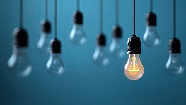 A single illuminated lightbulb stands out among many