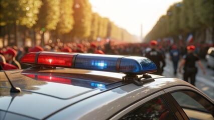 Christmas parade city streets police car's flashing lights festive atmosphere crowd view community spirit