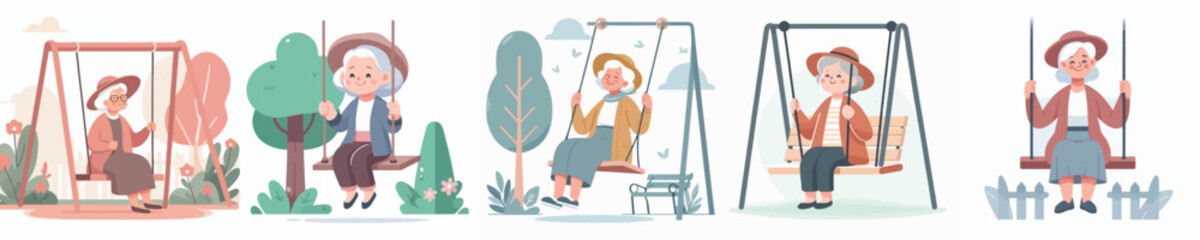 set of vectors of grandmothers playing on swings