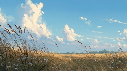 Obraz premium A painted landscape of a golden field under a vast blue sky