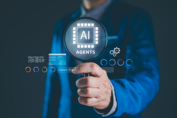 Businessman holding magnifying glass with AI agents icon, symbolizing artificial intelligence, automation, big data, and digital transformation for modern technology innovation