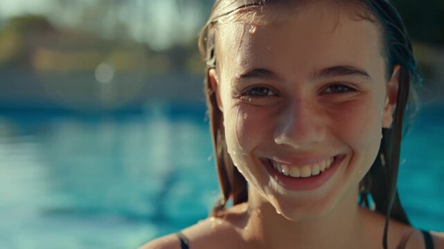 Cheerful teenage girl enjoying summer vacation, swimming with radiant smile in bright blue outdoor pool, showcasing pure happiness and carefree leisure moment