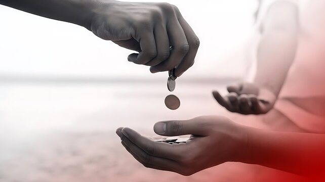 Person transferring coins to another individual showing aid and charity in social support context - Powered by Adobe