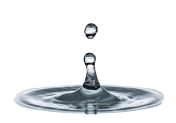 A single, clear water droplet falls and creates a perfect crown splash with expanding ripples on a calm, pure liquid surface against a white background.