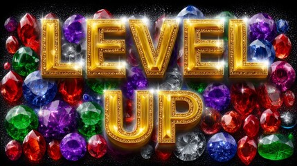 Shiny Golden Text Level Up Surrounded by Colorful Gems in a Puzzle Game Style