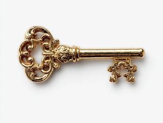 Ornate gold key on white background