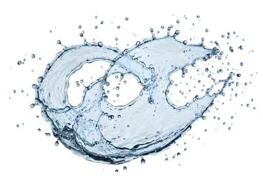A dynamic and refreshing clear water splash creating a circular crown shape with droplets, captured in motion and isolated on a clean white background.