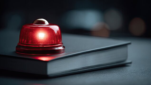 Close-up of a red emergency light atop a black book