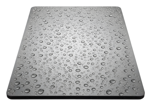 A realistic macro view of water drops covering a sleek grey metallic input device, symbolizing humidity and waterproof technology concepts.