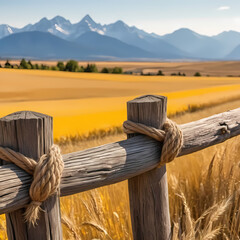 Close-Up of Weathered Wooden Fence Post with Tan Rope in Golden Field and Distant Mountains 