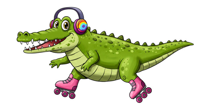 Crocodilo Cartoon Divertido Patinando Sobre Rodas