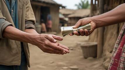 Two individuals exchanging money in rural village outdoors illustrating financial charity and support concept