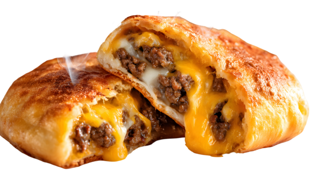 A golden-baked beef and cheese empanada, broken open to reveal a savory filling and a gooey cheese pull. A perfect, isolated shot for savory pastry menus.