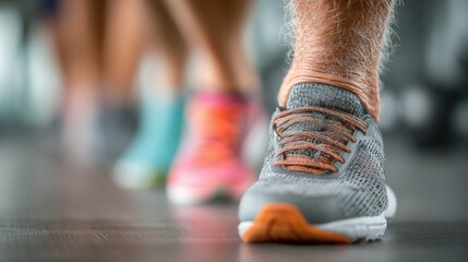Close-up of athletic shoes and legs in a gym