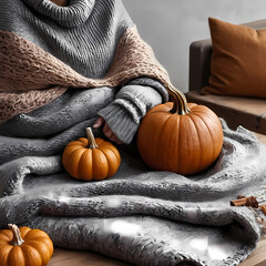 Cozy Autumn Still Life with Pumpkin Cinnamon and Gray Blanket