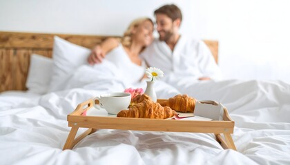 Enjoy a romantic breakfast in bed with a loved one. This image features a couple with breakfast. A tray holds coffee, croissants, flowers and a card in a bed.