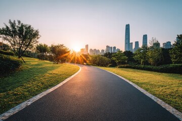 Urban park path at sunrise