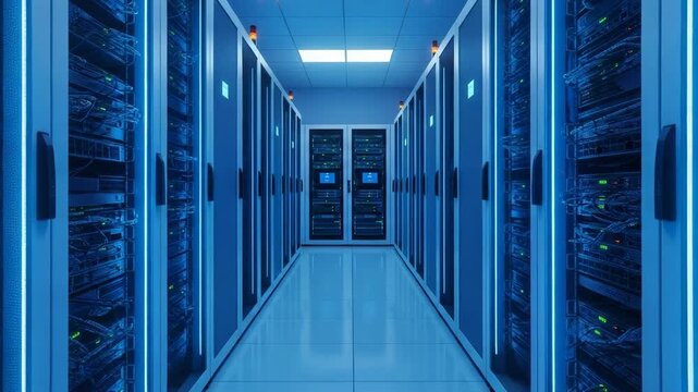 Modern data center corridor with rows of illuminated server racks, advanced computer hardware and secure network infrastructure for cloud computing and data storage