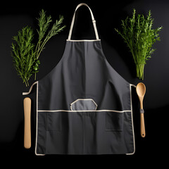 Dark Gray Apron with Fresh Herbs and Wooden Spoons on Black Background  
