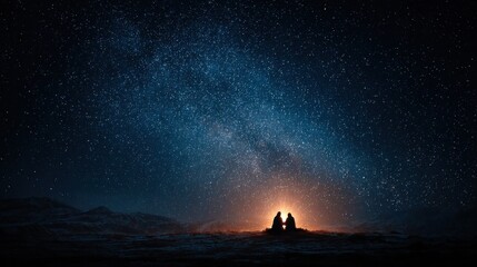 Couple Silhouetted Under a Starry Night Sky with Milky Way Galaxy