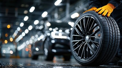 Fototapeta premium Mechanic Holding New Car Tire in Auto Repair Shop, Vehicle Maintenance