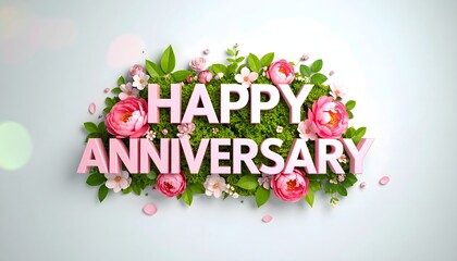 text "Happy Anniversary" in bold, pink, 3D letters resting on a bed of lush green moss surrounded by delicate pink and white flowers.