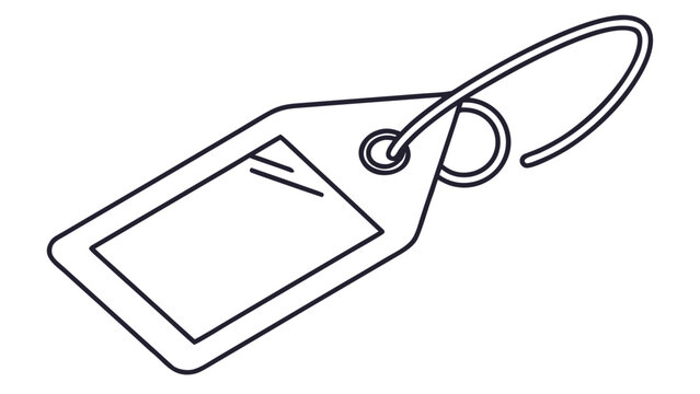 Outline drawing of a luggage tag with a clear window and a looped string attachment on a white background