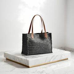 Folded Tote Bags Mockup with Woven Handles on Marble Platform 