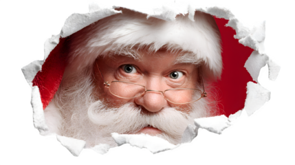 Santa Claus looking through red paper hole isolated on white background, HD realistic