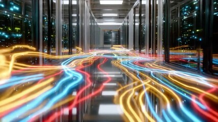 Digital Pathways: A visually stunning depiction of data flow in a modern server room, featuring dynamic light trails that represent the constant stream of information and technological advancement. - Powered by Adobe