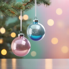 Glowing Glass Christmas Ornaments Hanging Against Pastel Bokeh Background  