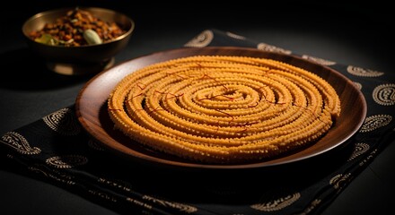 Fototapeta premium Crispy Chakli Snack on a Wooden Plate, a Delightful Treat