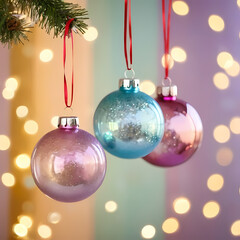 Glowing Glass Christmas Ornaments Hanging Against Pastel Bokeh Background  
