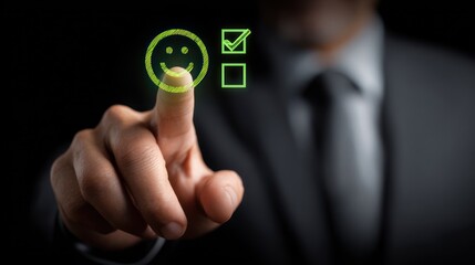 Man selects happy face icon with fingertip. Green glowing on dark background