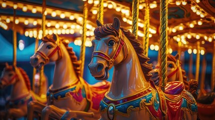 Fototapeta premium A row of carousel horses in vibrant colors, illuminated by golden bulbs, capturing the charm of a nostalgic carnival