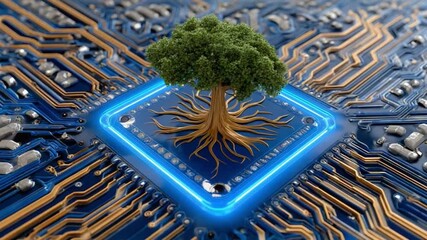 Ecology and Technology: A living tree gracefully rooted within an intricate computer circuit, symbolizing the vital intersection of technology and ecological balance and harmony. 