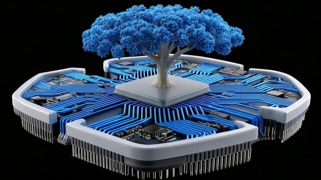 Cybernetic Nature: A stylized 3D rendering depicts a serene tree rooted in a central processing unit, harmonizing the organic with the digital in a breathtaking blend of innovation.