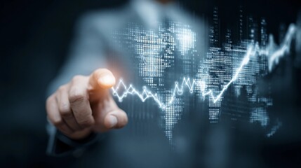 Business professional interacts with digital financial graph, showcasing market trends and data analytics in a modern office environment