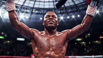 Triumphant boxer celebrating victory in boxing arena - Powered by Adobe