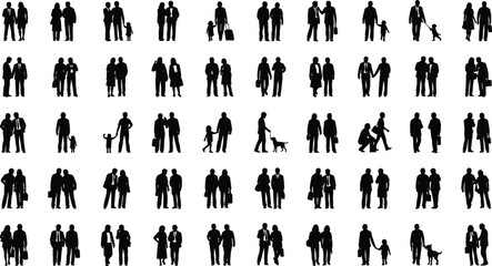 silhouette people collection, walking standing talking, carrying bags, with children and pets, diverse poses, lifestyle theme, human interaction, design background illustration