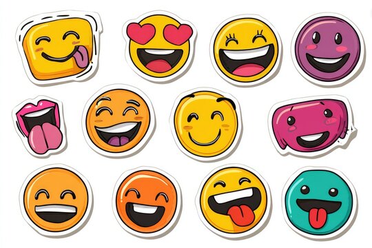 Collection of cartoon emoji stickers.  Various happy faces with different expressions and colors