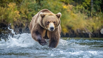 Obraz premium Brown bear crouched in a river, focused on catching jumping salmon, dynamic water motion and forested riverbanks in the background