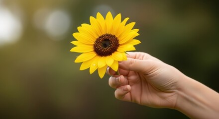 Fototapeta premium A person's hand holding a single vibrant yellow sunflower with a soft-focus green background.
