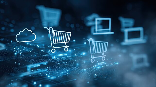 Digital shopping icons on circuit board