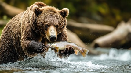 Obraz premium Brown bear with wet fur standing in a flowing river, holding a freshly caught fish, sunlight reflecting on water droplets
