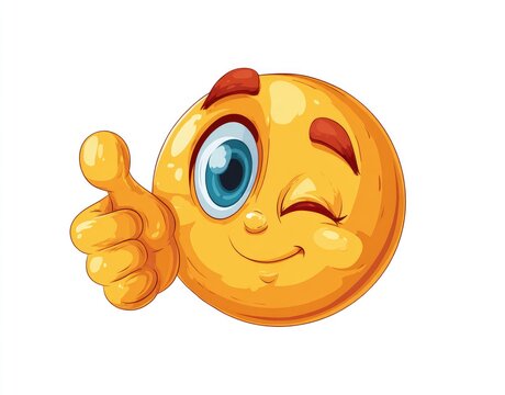 Smiling, winking emoji with thumbs up. Cartoonish, expressive, cheerful, digital illustration
