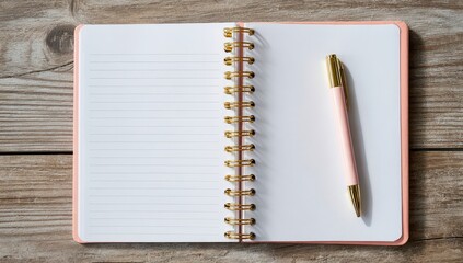 Open pink notebook and pen on wooden table