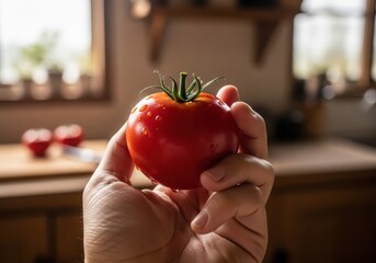 A person's hand holding a fresh ripe red tomato in a sunlit kitchen.