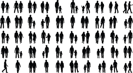 silhouette walking pairs, adults with children, family figures, group interactions, diverse postures, relationship concept, lifestyle theme, human connection, design background illustration